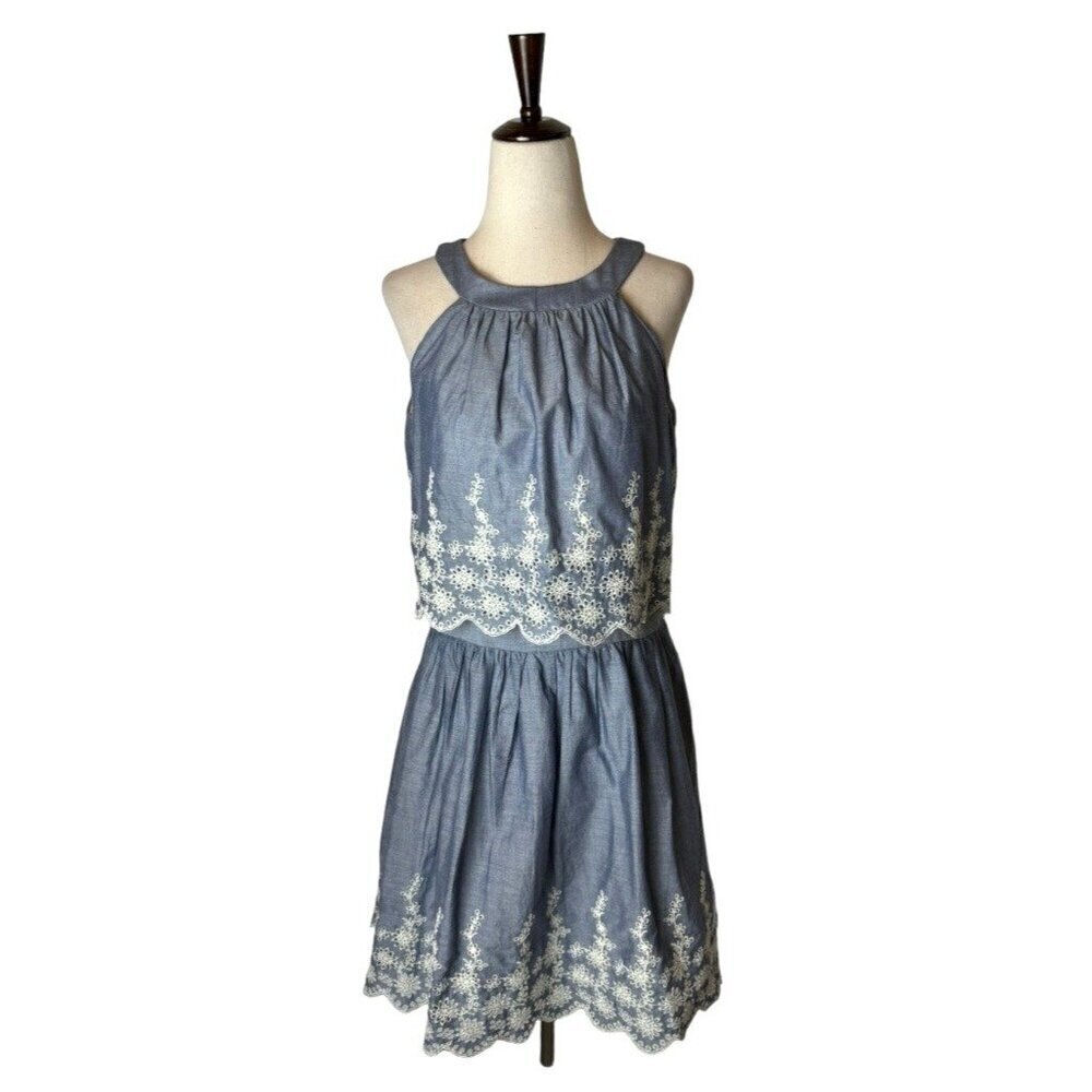 Pim + Larkin Anthropologie Dress‎ Womens 2 Halter Chambray Eyelet Fit And Flare